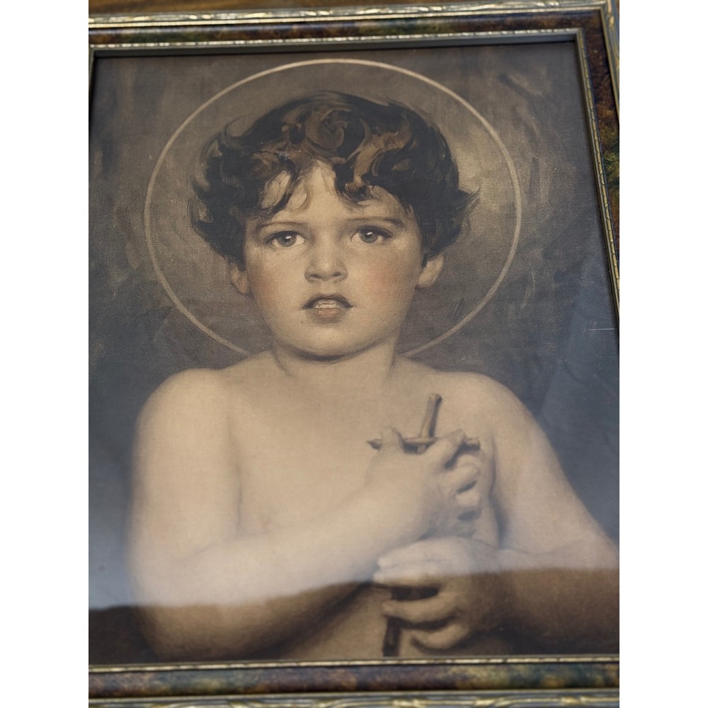 Vintage St John the Baptist Child Print Framed Catholic Art 1940s Crosby Studio